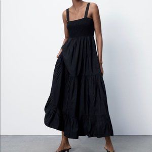 ZARA TIERED POPLIN MAXI DRESS BLACK